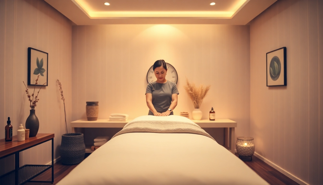 평택출장마사지 expert preparing a calming massage environment with soothing decor and soft lighting.