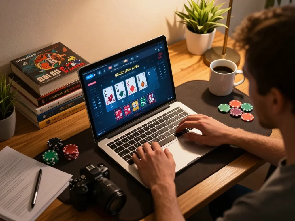 F168 user engaging in an online blackjack game from home with strategic notes