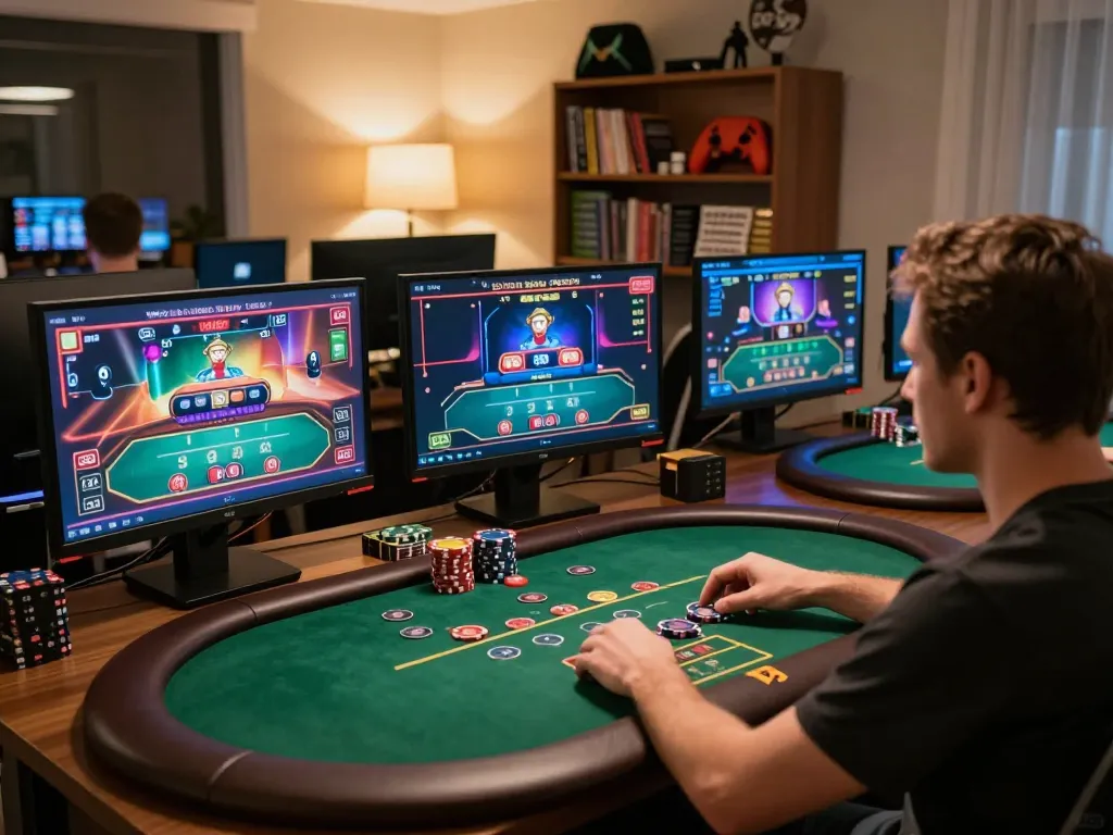 Player engaging in strategic online gambling at home, showcasing various casino games on screens, related to transcrime insights.