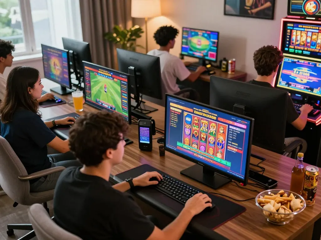 Kuwin players enjoying a vibrant online gambling experience with various games in a cozy home setup.