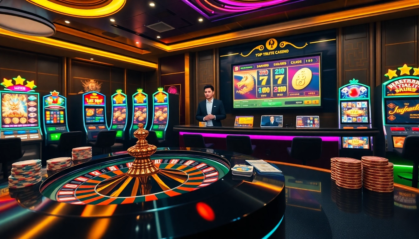 Professional casino scene showcasing Nhà cái uy tín hàng đầu châu Á with dynamic roulette and poker chips