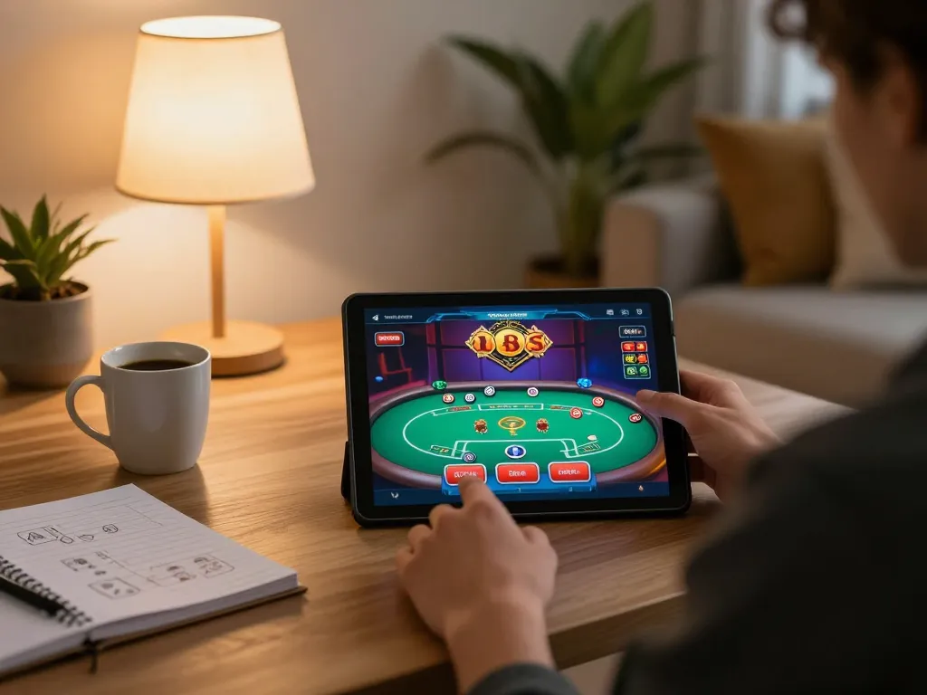 Engaged player enjoying casino games on 888NEW app on tablet at home, with strategic notes and warm lighting.