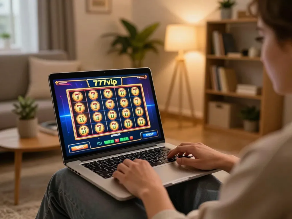 Engaging online casino gaming with 777vip, showcasing an interactive slots screen and cozy home atmosphere