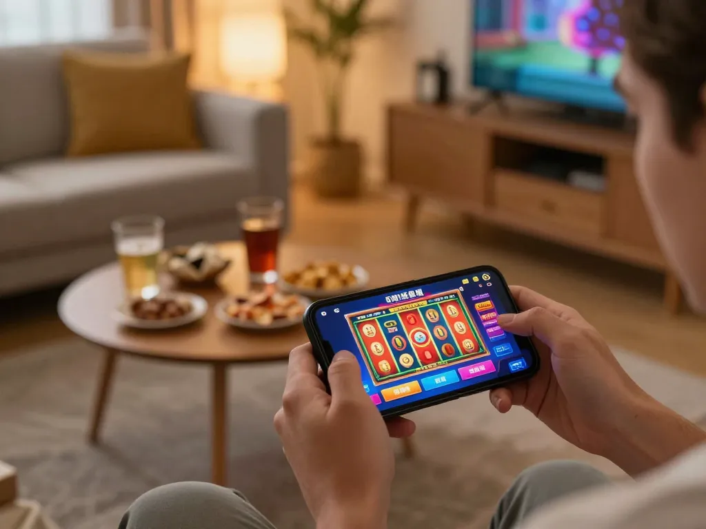 Player engaging with the god55 mobile casino app on a smartphone, enjoying a cozy home gaming setting