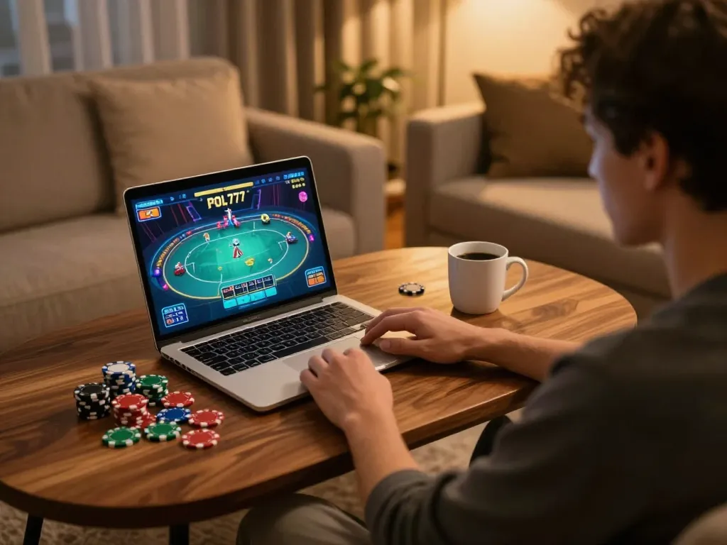 Permainan poker online yang menarik dengan POL777 di laptop ramping dalam suasana rumah yang nyaman.