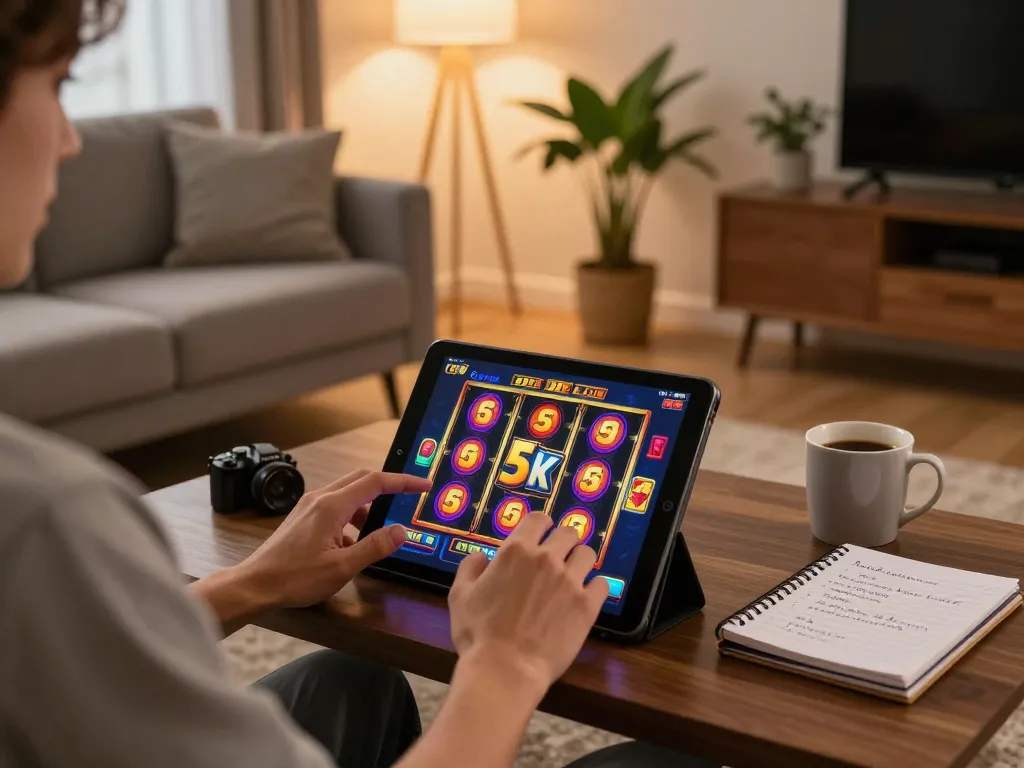Engaged player using tablet to play slot 5k in a cozy home environment.