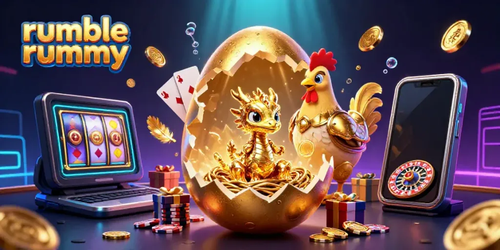 Engage with rumble rummy in this vibrant illustration featuring a golden egg cracked open, revealing a dragon amid casino elements.