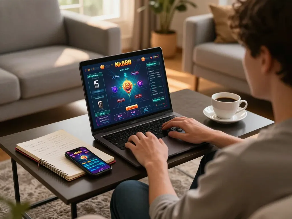 Player engaging with the Nk888 online casino on a laptop, strategizing with notes nearby.