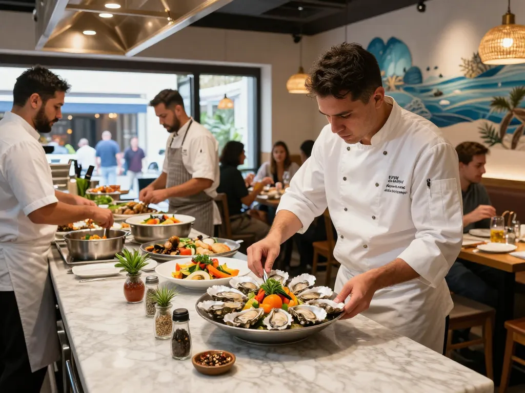 Dynamic dining scene showcasing https://www.theshackok.com/ and fresh seafood dishes being prepared.