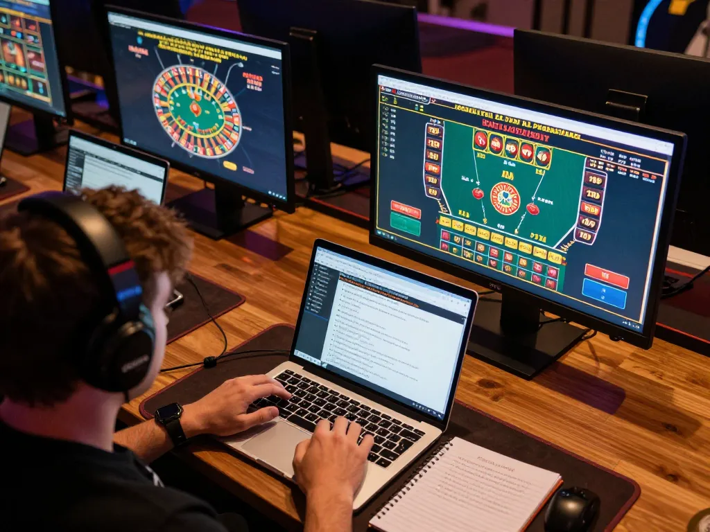 Engaging online gaming setup showcasing tr88 with multiple casino game screens and strategic notes.