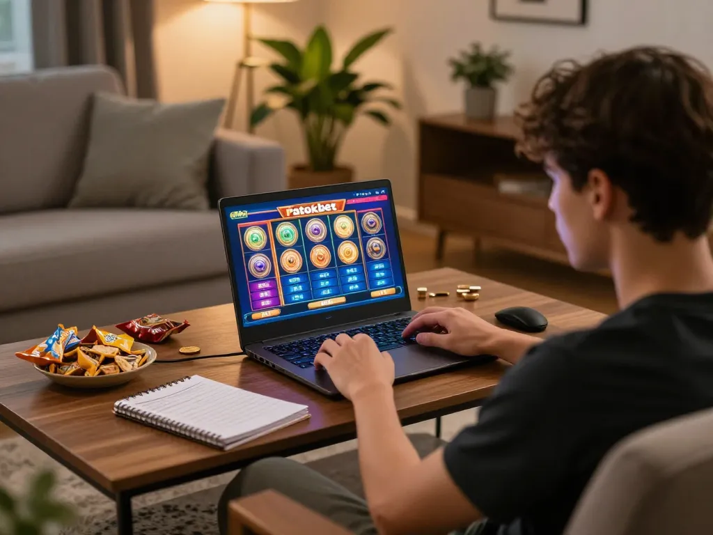 Engaging with patokbet slot game on a laptop, cozy home gaming atmosphere with notebooks and snacks