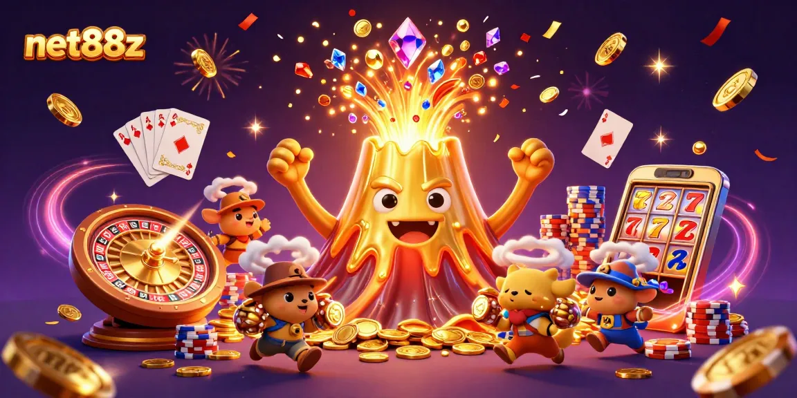 Win big at net88z with the spectacular eruption of treasures and excitement in this vibrant casino-themed illustration.