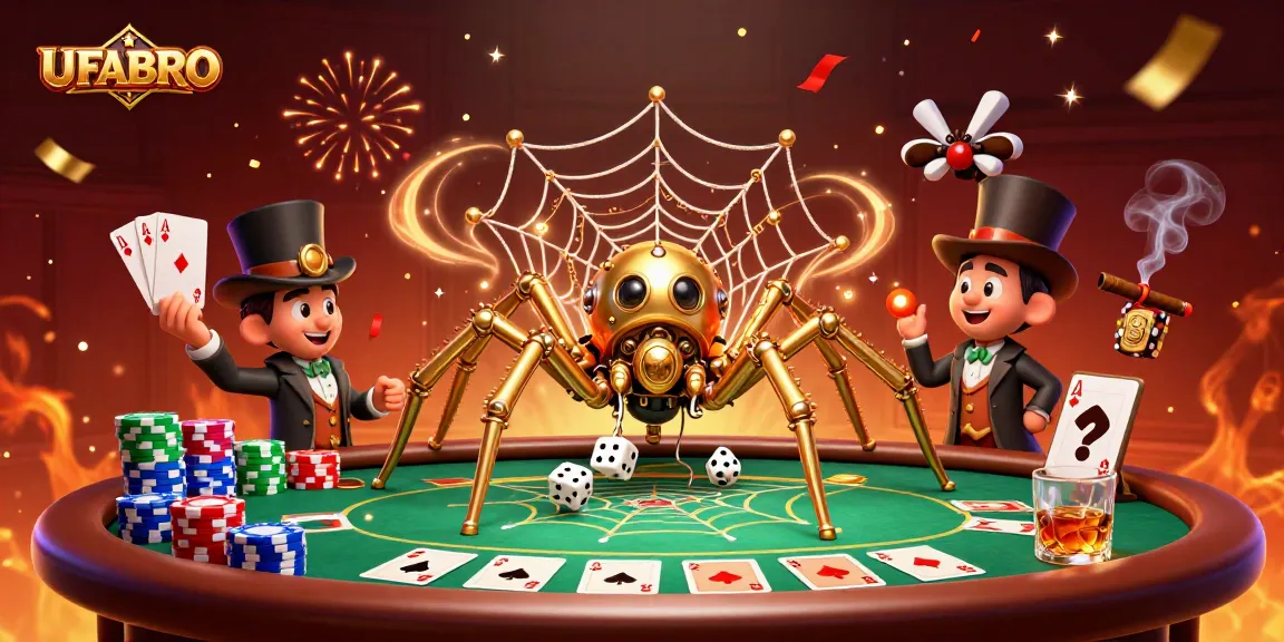 Experience the thrill of UFABRO as a steampunk spider entangles dice in a vibrant casino scene.