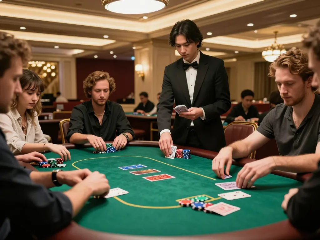 Engaging poker gameplay at FC88 casino, showcasing players strategizing around a luxury table.