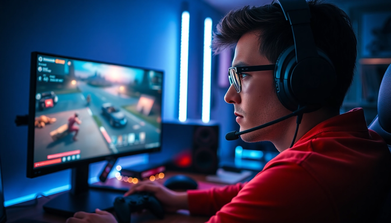 Gamer utilizando higame em ambiente de jogo imersivo com telas brilhantes.