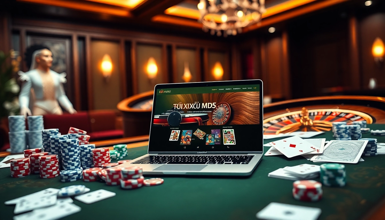 Tài Xỉu MD5 offers an immersive online gambling experience with a vibrant casino table and gaming elements.