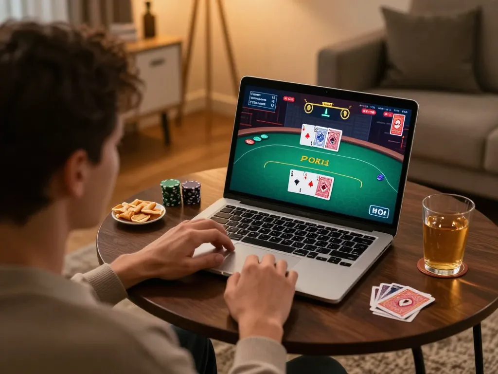 Pemain poker yang menarik di rumah menggunakan laptop pada pengaturan https://www.crosstonerestaurant.com/vegetarian.html.