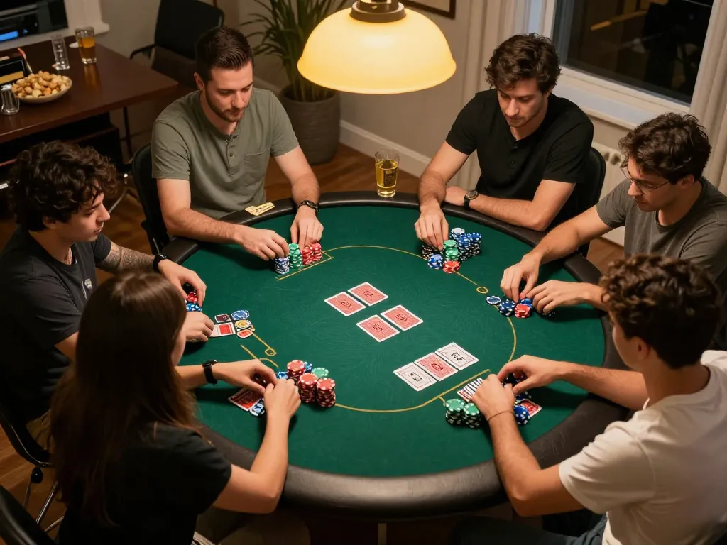 Exciting home poker game with friends around the table, showcasing RR88 gaming strategies and camaraderie.