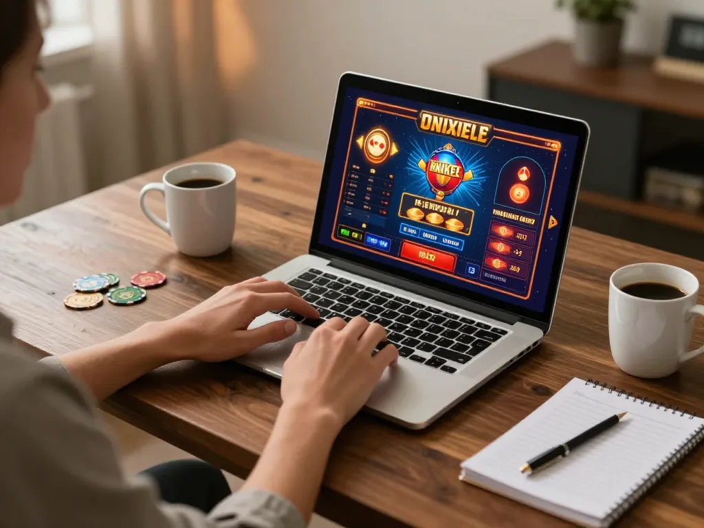 The user enjoying online gaming at nhà cái 88aa on a stylish desk with notes.