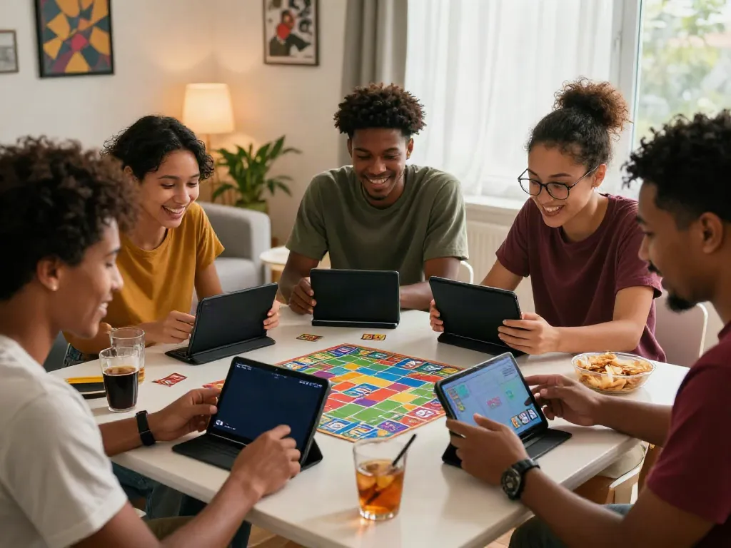 Friends enjoying Rumble Rummy on smartphones, vibrant gaming scene.