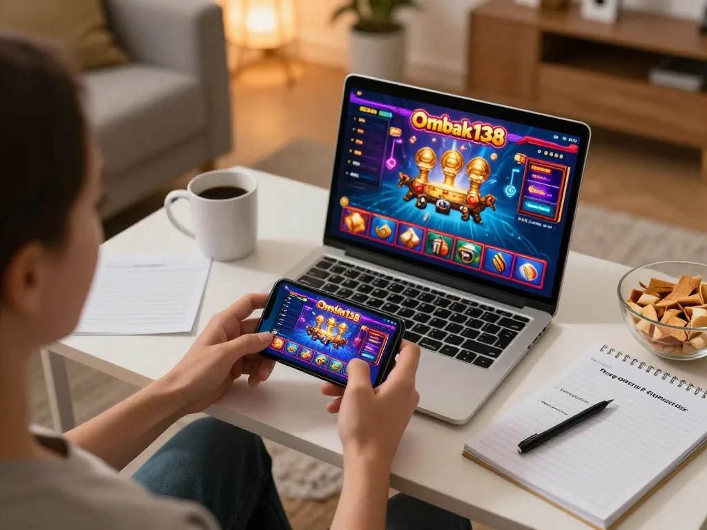 Aplikasi mobile Ombak138 ditampilkan di smartphone menunjukkan kegembiraan permainan online dalam suasana rumah yang nyaman