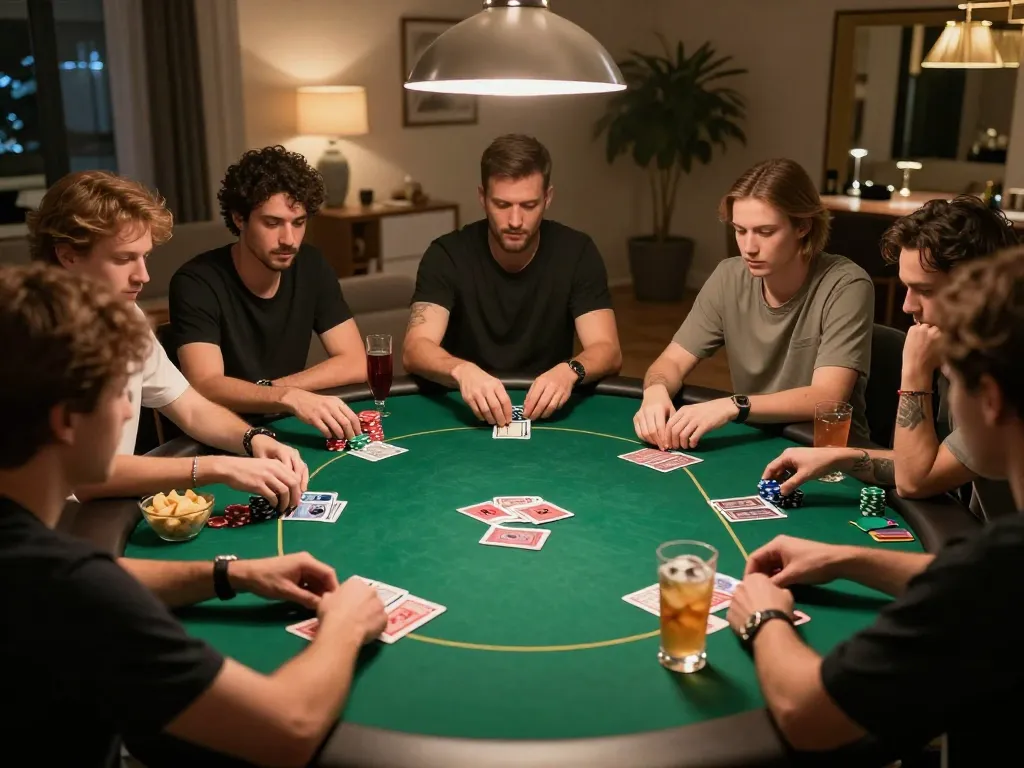 TK999 players engaged in a high-stakes poker game at an exclusive home venue, showcasing intense gameplay.