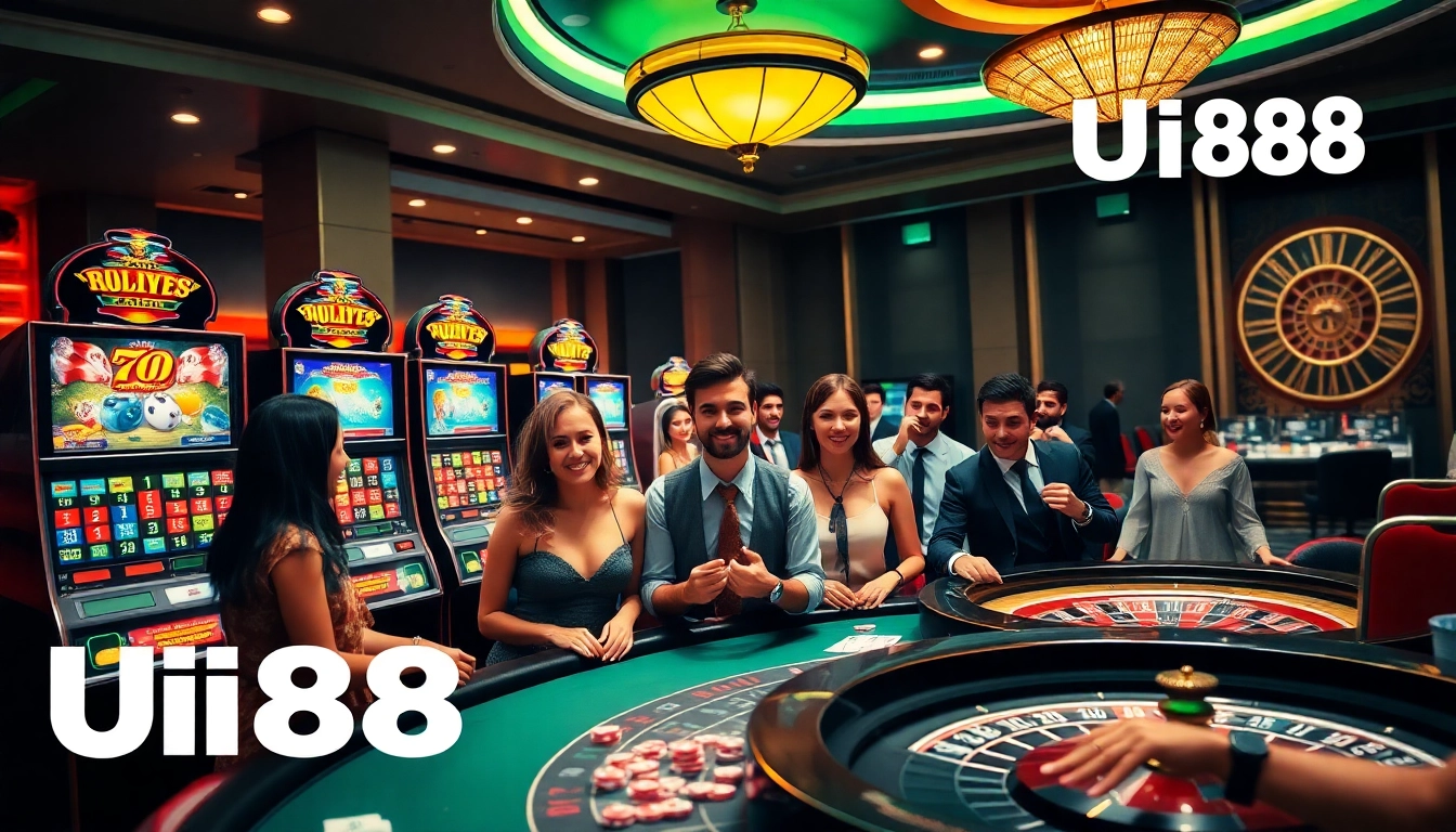 Experience thrilling gameplay at UU88's vibrant casino tables with poker chips and slot machines.
