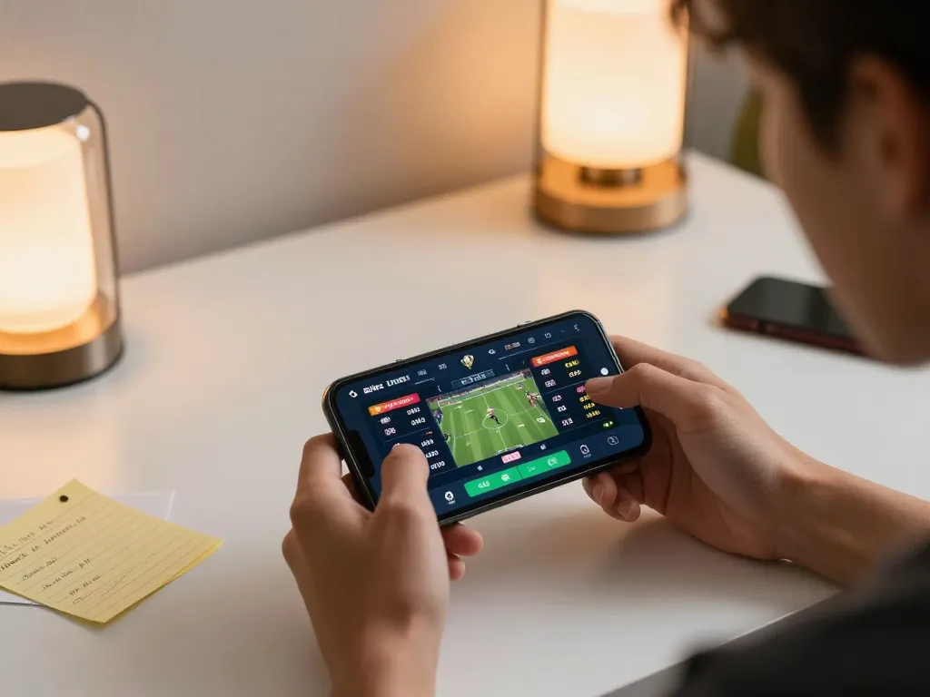 Debet betting on a smartphone in a modern gaming setup surrounded by strategic notes.