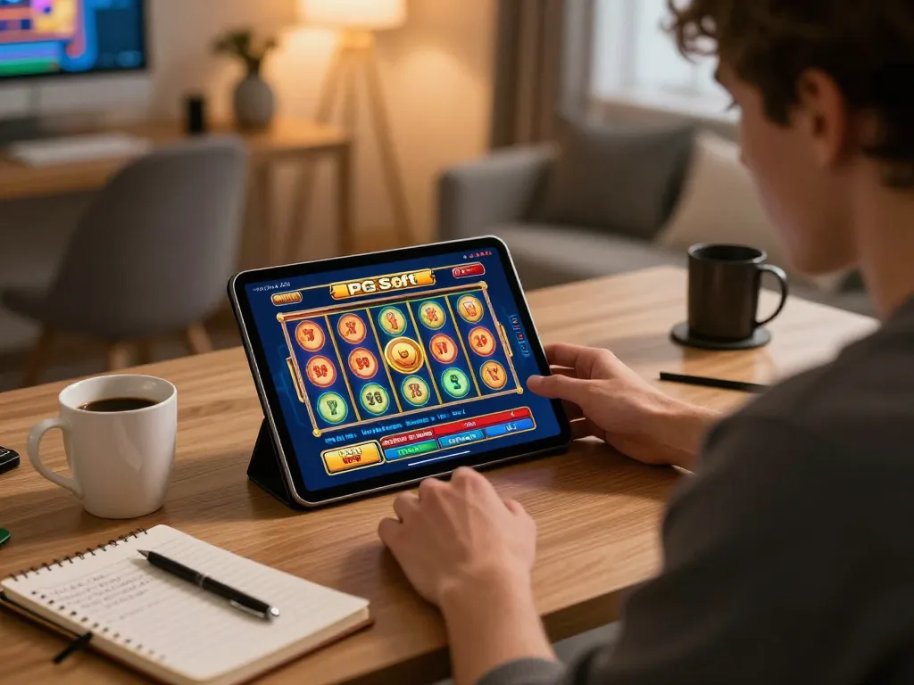 Pengguna yang terlibat dalam permainan Demo Slot PG Soft di tablet, menampilkan grafis cerah dalam suasana rumah yang nyaman.