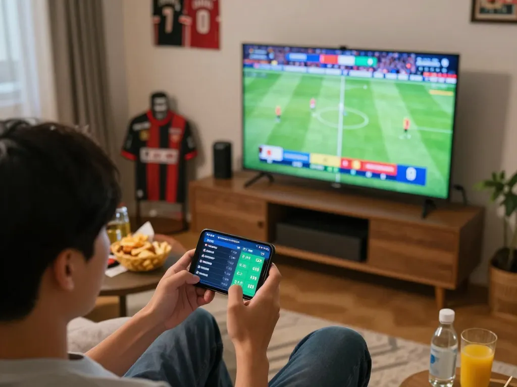 Bongdalu sports betting live action, user engaging with odds on smartphone while watching match.