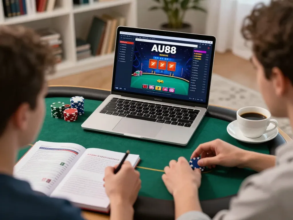 Player engaging in strategic poker gameplay on AU88’s online platform at home, surrounded by cozy ambiance and gaming notes.
