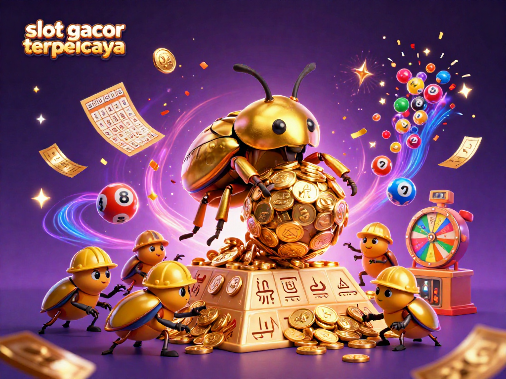 Engage with slot gacor terpercaya and witness a vibrant 3D scene of golden beetles and lottery excitement.