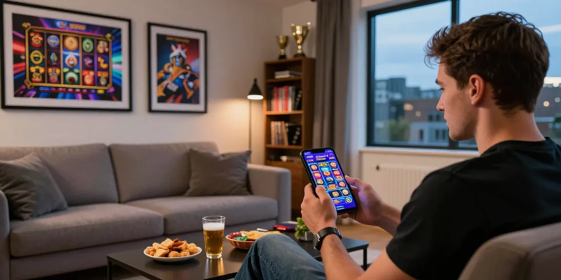 British player engaging with mobile casino at https://ibn.org.uk, enjoying vibrant game graphics in cozy living room.