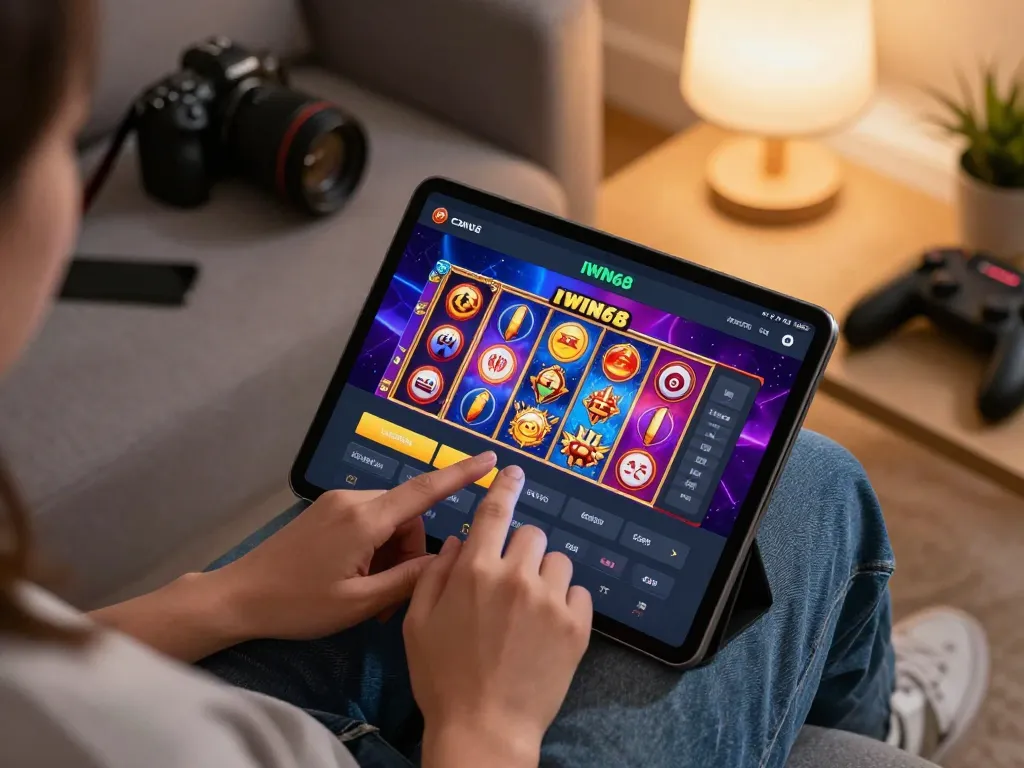 IWIN68 gaming interface displayed on a tablet while user engages in online casino activities.