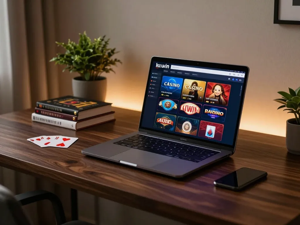 Kuwin online casino interface displayed on a laptop showcasing exciting gameplay options in a stylish home office.