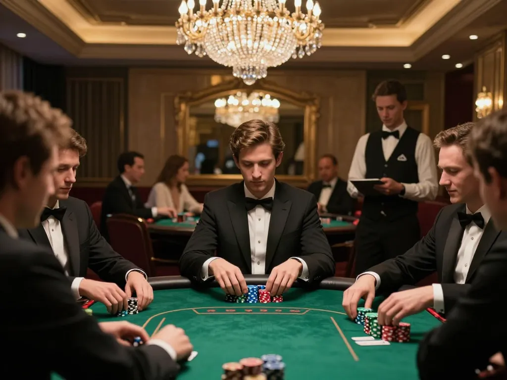 Players strategizing at a high-stakes poker table in a luxurious casino, rr88 gaming experience