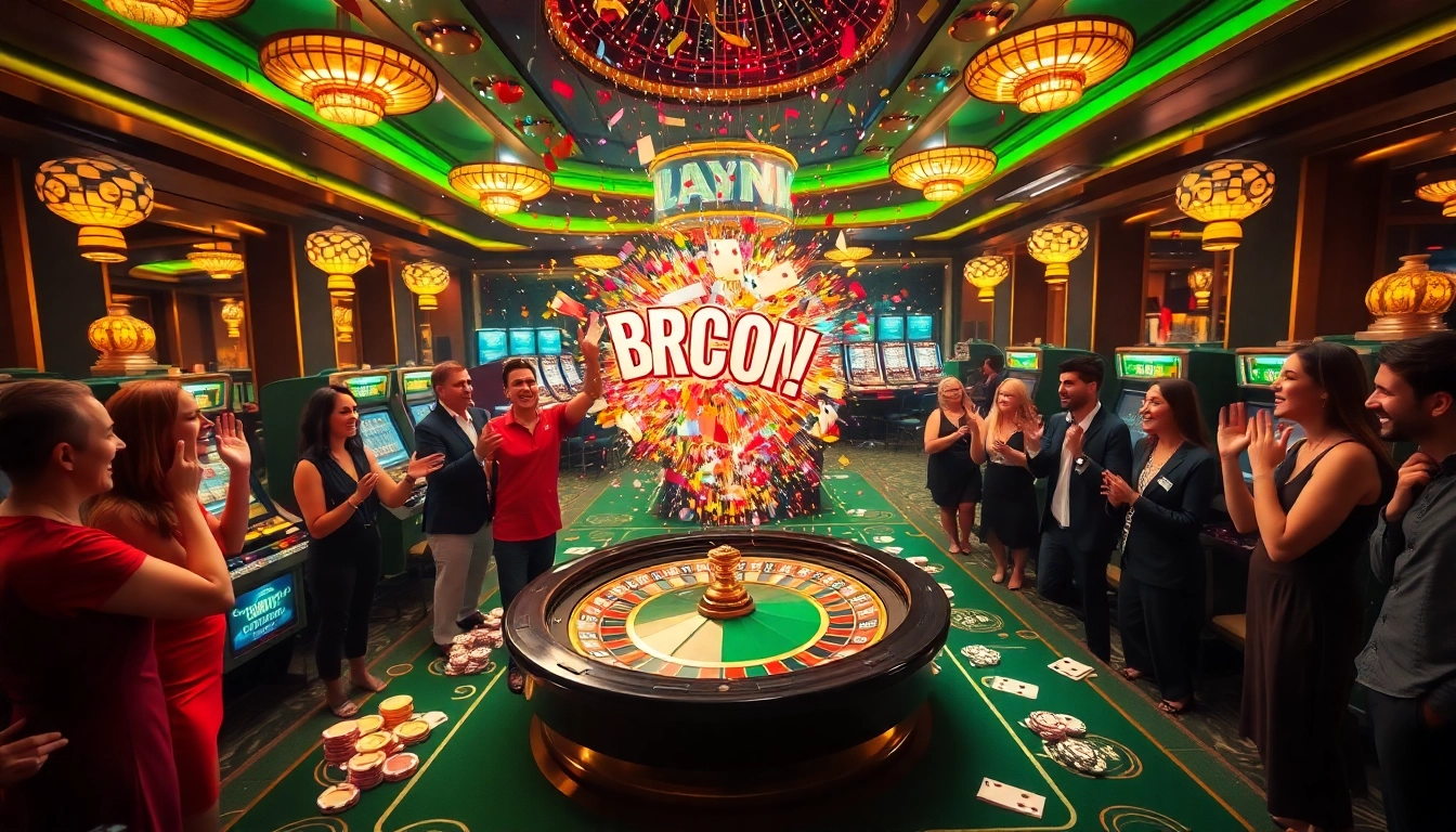 An explosion of a prize-winning lottery celebrated at a vibrant casino, filled with players, roulette tables, and colorful chips.