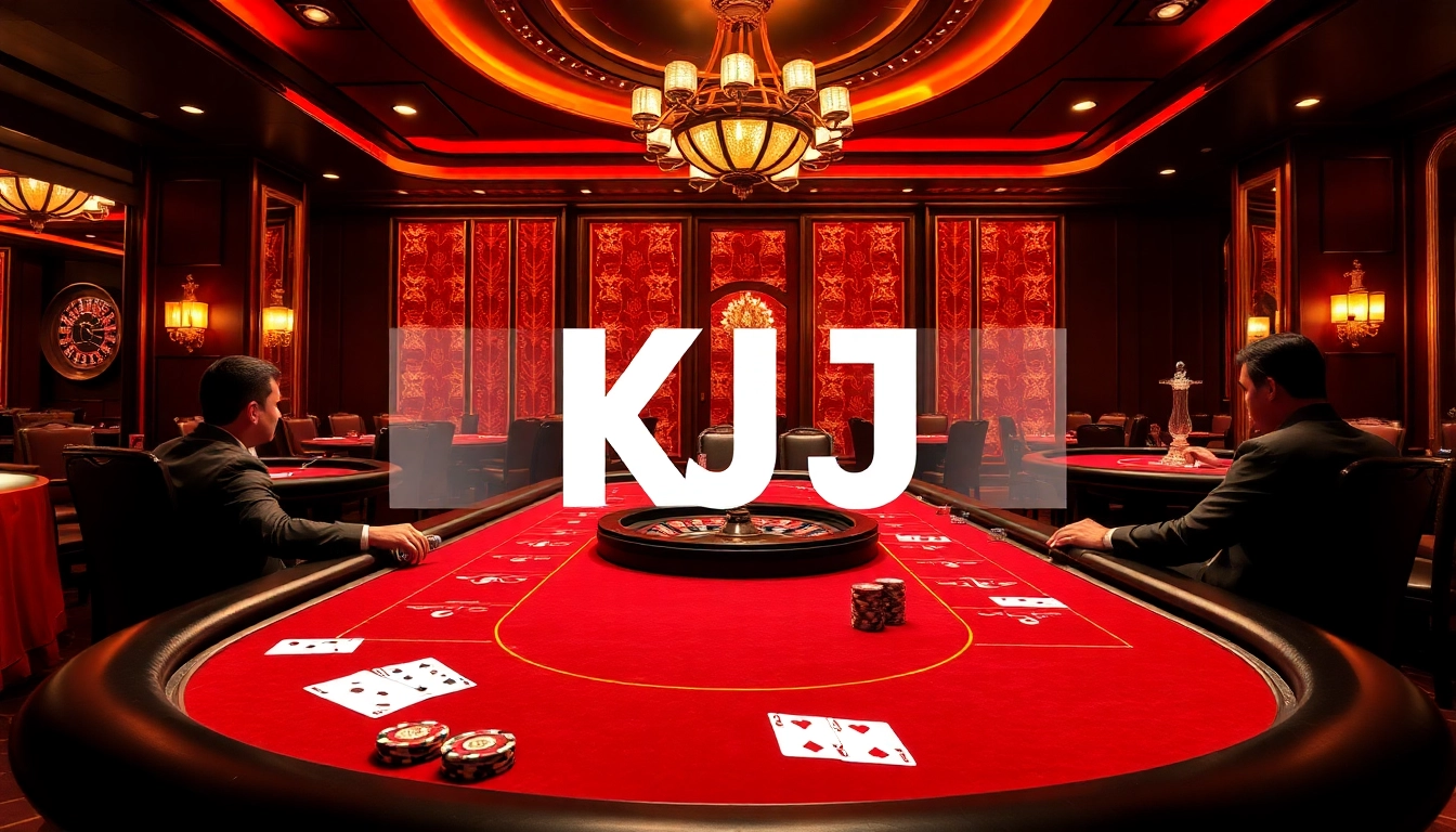 KJC casino scene showcasing players at a poker table surrounded by luxury decor and gambling excitement.