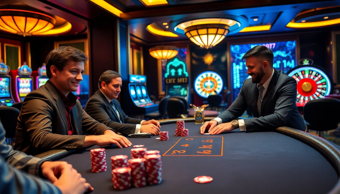 Players enjoying poker at juragan77's luxurious casino, surrounded by vibrant slot machines.