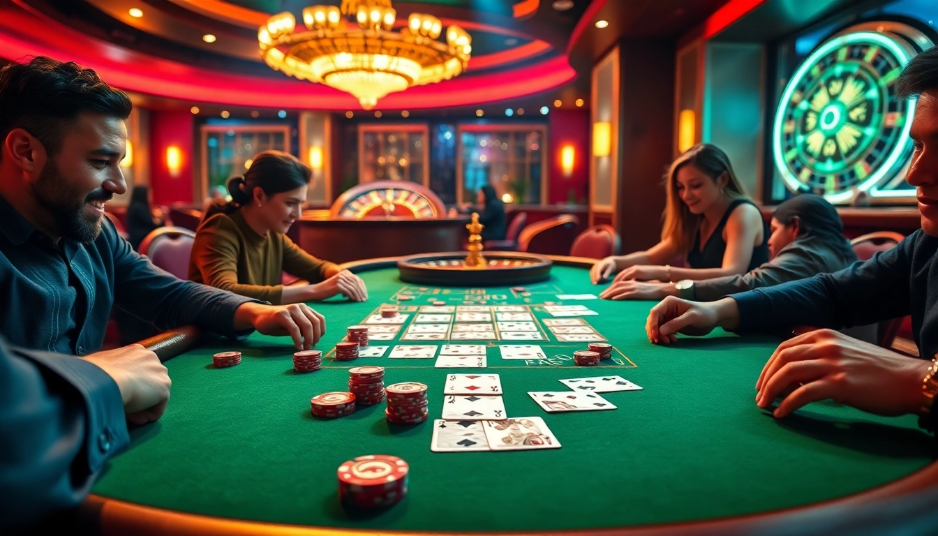 VA88 poker players strategizing in an exciting casino atmosphere with vibrant colors
