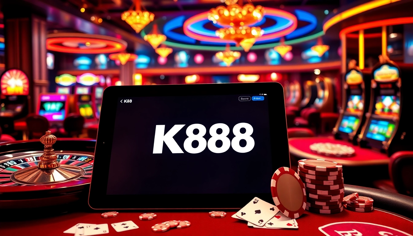 Experience an exciting K88 gambling scene featuring vibrant casino elements and an online interface.