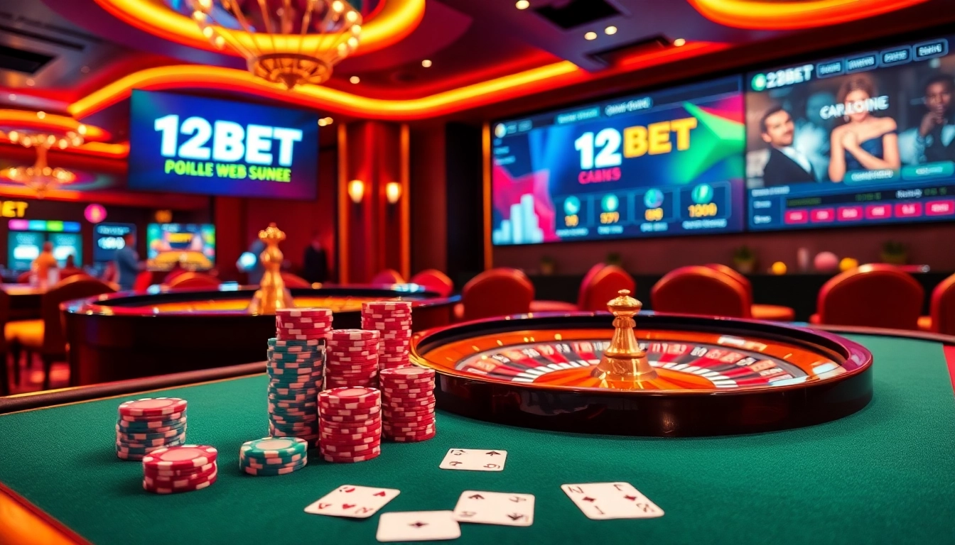 Engaging casino scene showcasing 12BET with poker chips, cards, and roulette wheel.