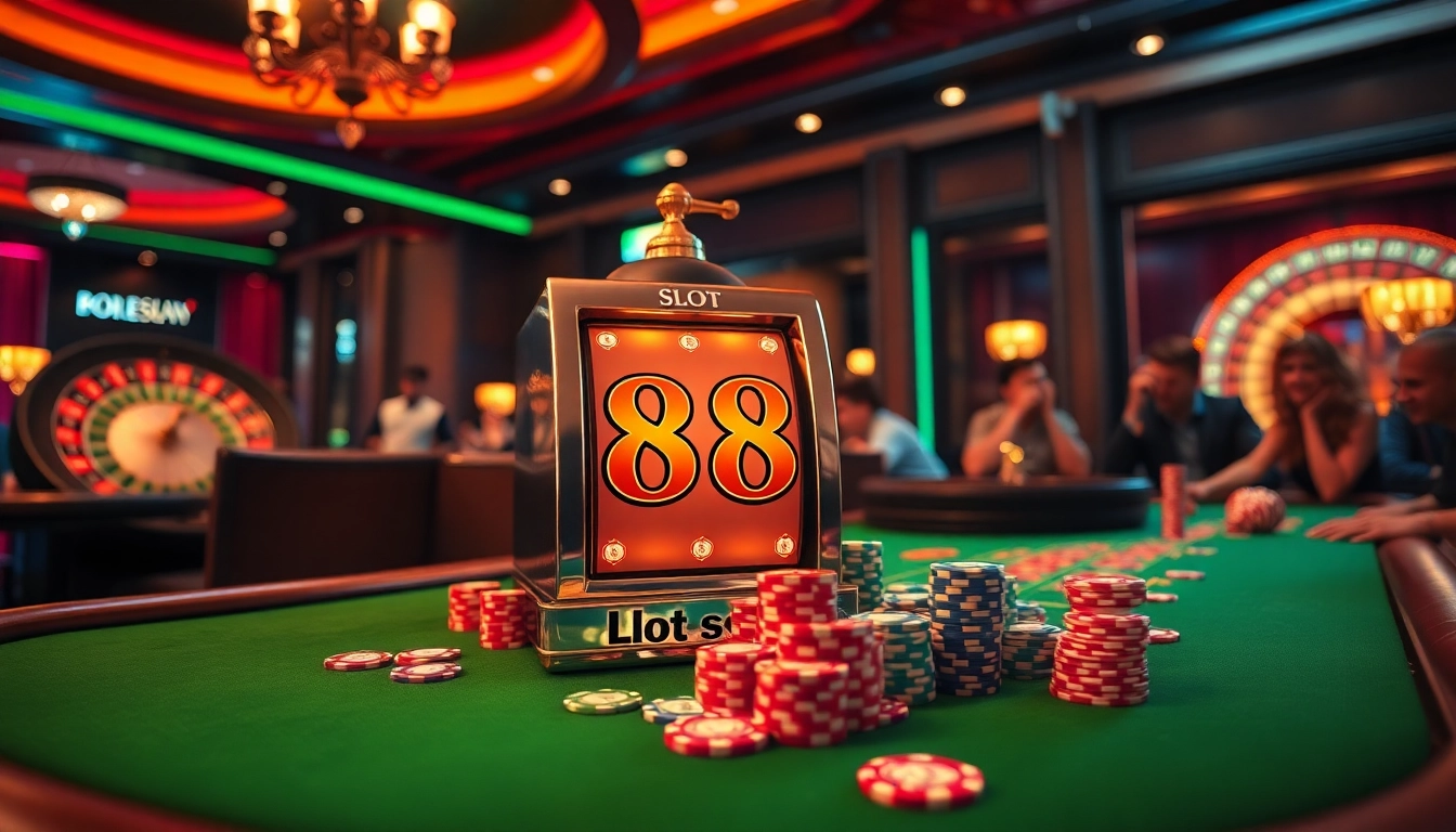 Experience thrilling gameplay at the vibrant slot 88 machine, surrounded by colorful poker chips.