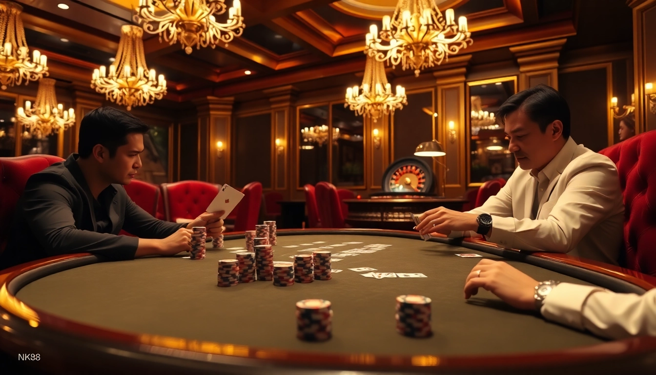 Players engaging at a high-stakes poker table at NK88 casino, showcasing thrilling gambling moments.