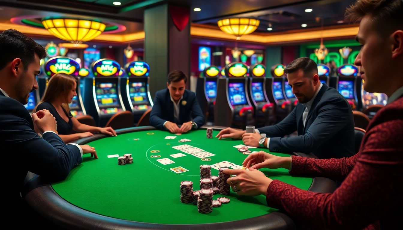Gamblers at asupanjitu's luxury casino table enjoying an exciting game with poker chips and cards.