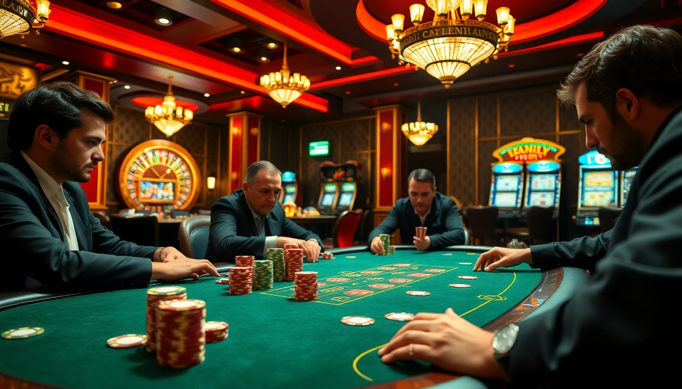 Players strategizing in a high-stakes poker game at https://789win1.black, amid vibrant casino action.