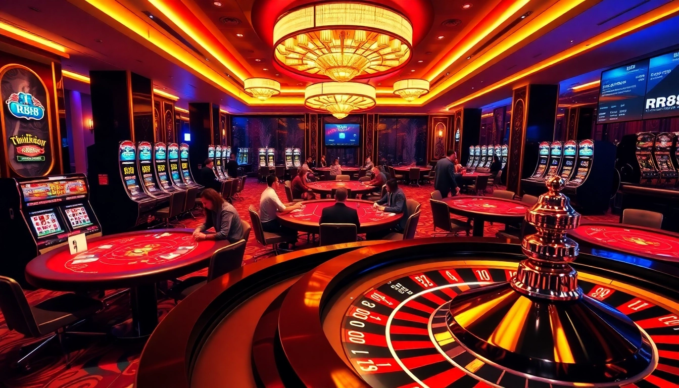 Experience elite gambling at RR88, showcasing modern tables and vibrant slot machines.