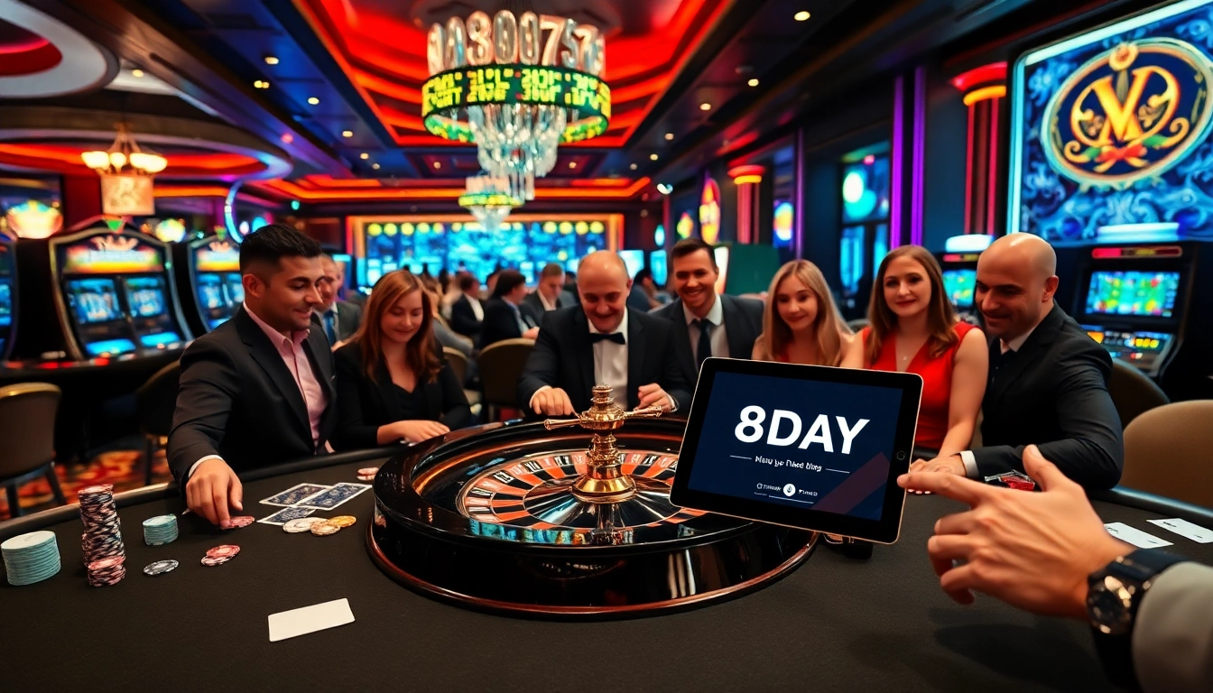 Experience thrilling gameplay at 8DAY casino table with vibrant poker chips and excited players.
