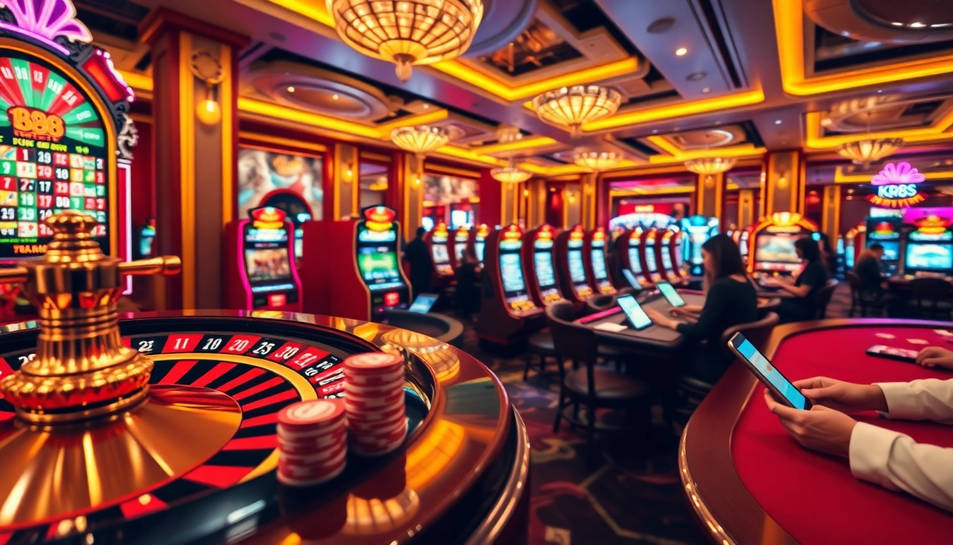 K88 online casino players enjoying diverse gaming options with vibrant slot machines and roulette.