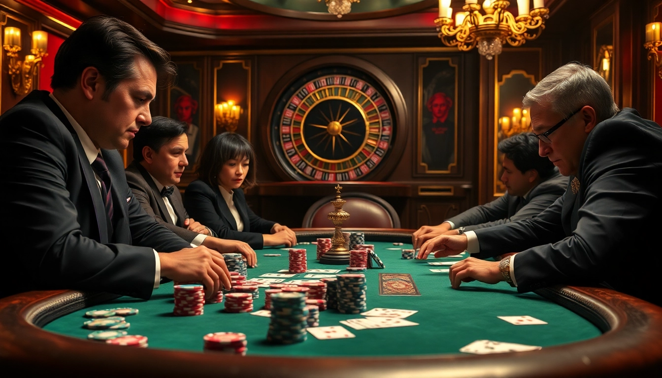 Asupanjitu players strategizing in an opulent casino poker game.